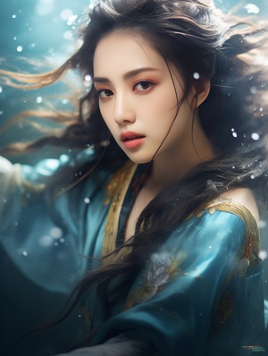 a beautiful girl in ancient china is practicing chinese kungfu, pointing down, she stands on the water with a hazy reflection, she has a delicate and vivid face,long black and golden hair, big: 2 eyes, charmingeyes, charming face, long eyelashes, she wears amberand azure hanfu with delicate patterns and colorfulfluid, color fluid formation, intricate, ink flow, ink style.midrange, by Gu Kaizhi, Zhang xuan, aesthetic mood,golden gilding, dense composition, soft shadow, clean and sharp focus, film photography