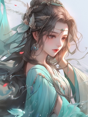 a beautiful girl in ancient china is practicing chinese kungfu, pointing down, she stands on the water with a hazy reflection, she has a delicate and vivid face,long black and golden hair, big: 2 eyes, charmingeyes, charming face, long eyelashes, she wears amberand azure hanfu with delicate patterns and colorfulfluid, color fluid formation, intricate, ink flow, ink style.midrange, by Gu Kaizhi, Zhang xuan, aesthetic mood,golden gilding, dense composition, soft shadow, clean and sharp focus, film photography