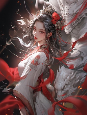 A beautiful Chinese fairy with handsmade of white bones, wearing white hanfu,her gazeboth evil and enchanting,in the style of atmosphericcolor washes,unique yokai illustrations,aggressive digital2 illustration,marine painter,dynamic action scenes,indonesian art,terrorwave ， 32K