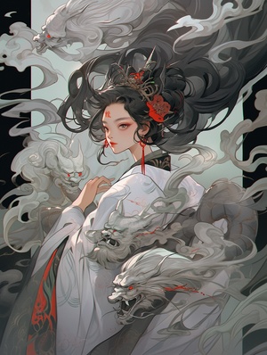 A beautiful Chinese fairy with handsmade of white bones, wearing white hanfu,her gazeboth evil and enchanting,in the style of atmosphericcolor washes,unique yokai illustrations,aggressive digital2 illustration,marine painter,dynamic action scenes,indonesian art,terrorwave ， 32K