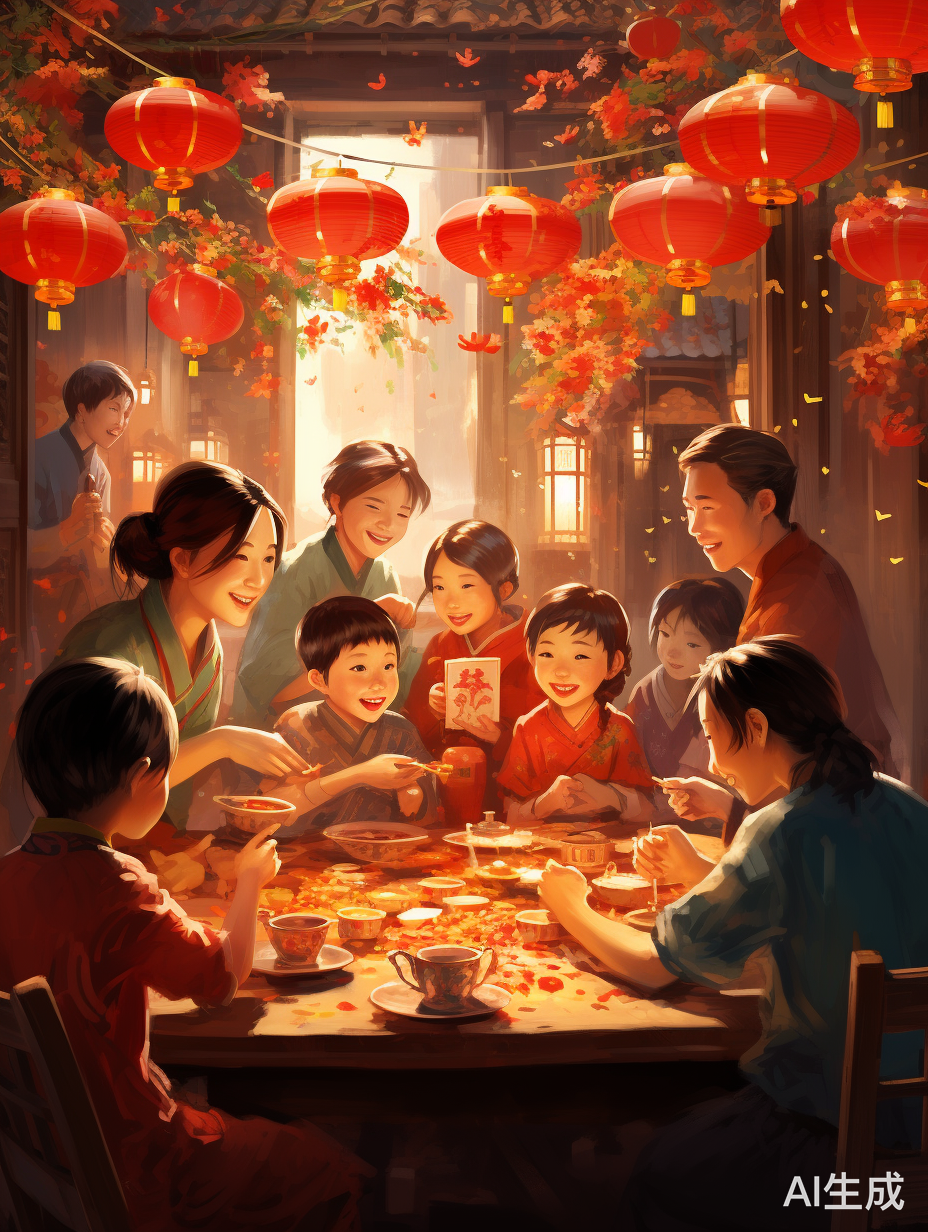 大厅灯光明亮，喜庆团聚共祝龙年万事如意