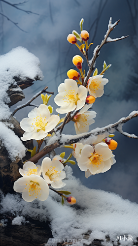 墙角梅枝盛开黄梅花 雪地背景超逼真高清景深