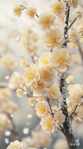 墙角梅枝盛开黄梅花 雪地背景超逼真高清景深