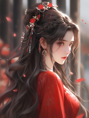 Chinese Ancient Style Beautiful Face with Red Wedding Clothes