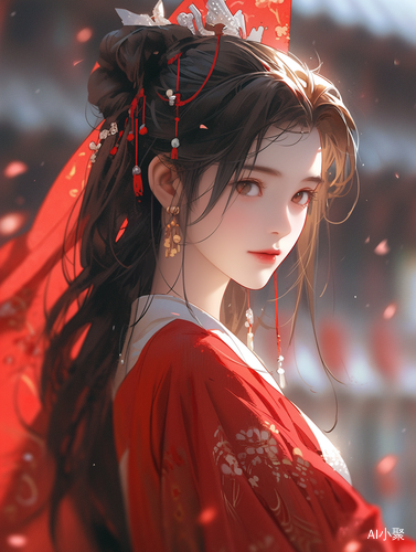 Chinese Ancient Style Beautiful Face with Red Wedding Clothes