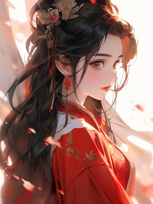 Chinese Ancient Style Beautiful Face with Red Wedding Clothes