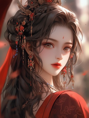 Chinese Ancient Style Beautiful Face with Red Wedding Clothes