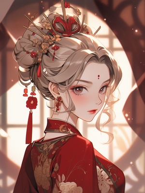 a Chinese beautiful girl with traditional hairstyle,in the style of the stars art group (xing xing), light gold and dark crimson, animecore, chinapunk, futuristic victorian,beautiful women, dark white and crimson