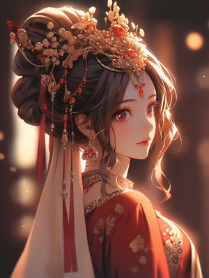 a Chinese beautiful girl with traditional hairstyle,in the style of the stars art group (xing xing), light gold and dark crimson, animecore, chinapunk, futuristic victorian,beautiful women, dark white and crimson