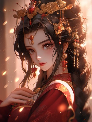 a Chinese beautiful girl with traditional hairstyle,in the style of the stars art group (xing xing), light gold and dark crimson, animecore, chinapunk, futuristic victorian,beautiful women, dark white and crimson