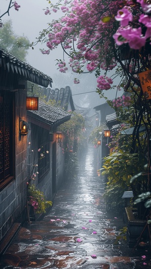 a beautiful street in the rain with flowers in the background, in the style of 32k uhd, traditional chinese landscape, i can't believe how beautiful this is, cottagecore, romantic riverscapes, mist, reverent and tranquil