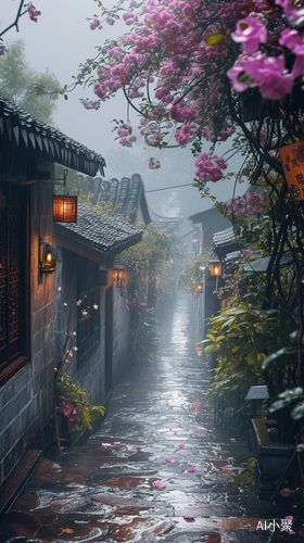 Romantic Tranquility: A Beautiful Rainy Street with Flowers