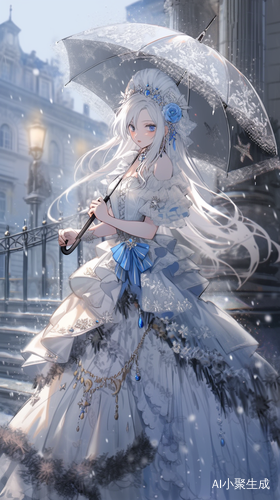 白发蓝瞳的少女在落雪城堡中翩翩起舞