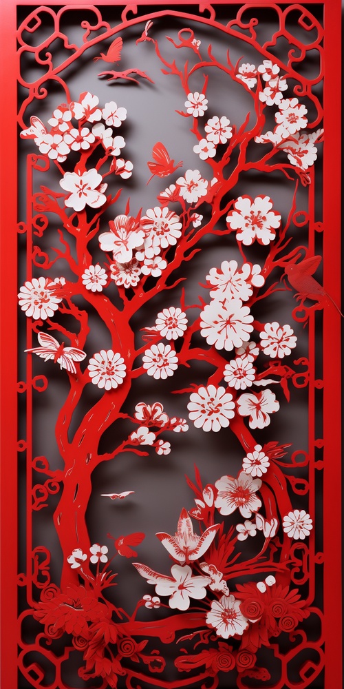 剪纸，窗花，福字，梅花，红色，春节