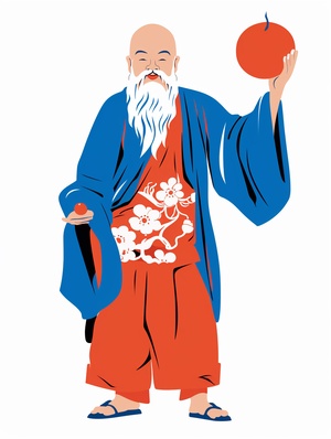 A Chinese Taoist old man with a bald head and a long white beard holding a huge fairy peach in his hand, full body,raditional Chinese Printmaking, sculpture art,red and blue color scheme,woodblock print style,in the style of Keith Haring,flat cartons,Vector illustration style,flat illustration,white background,