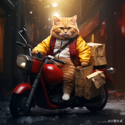 背景街道的肯德基外卖员小橘猫骑摩托车送外卖