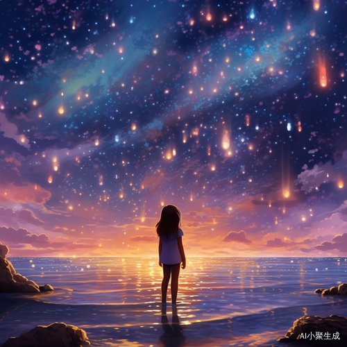 小女孩许愿，海边梦幻彩色星团