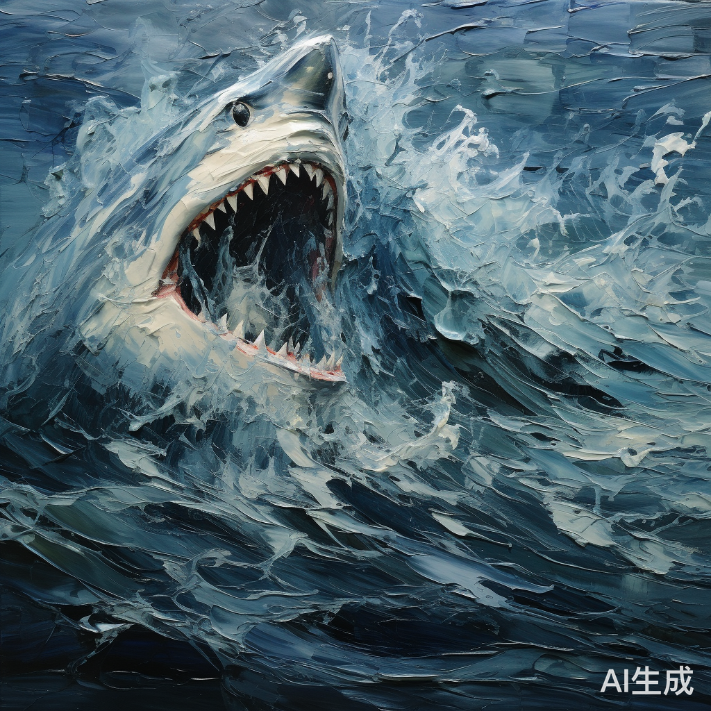 鲨鱼尾部在模糊扭曲的海面中浮现