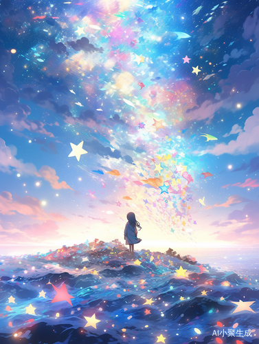 梦幻海边的小女孩与彩色星团