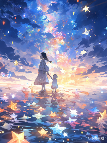 梦幻海边的小女孩与彩色星团