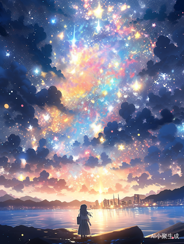 梦幻海边的小女孩与彩色星团