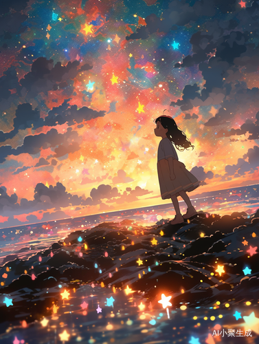 梦幻海边的小女孩与彩色星团