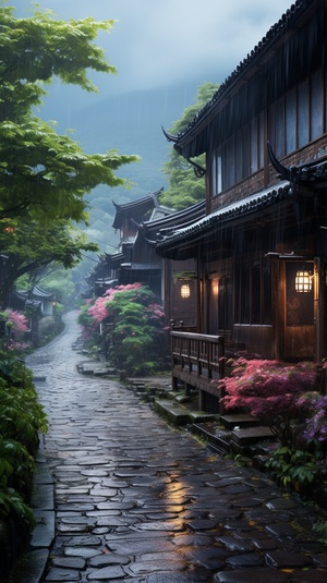 Romantic Tranquility: A Beautiful Rainy Street with Flowers