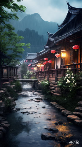 Romantic Tranquility: A Beautiful Rainy Street with Flowers