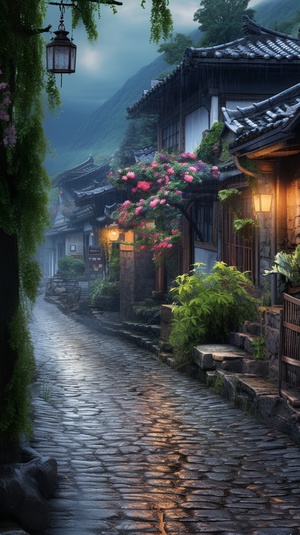 a beautiful street in the rain with flowers in the background, in the style of 32k uhd, traditional chinese landscape, i can't believe how beautiful this is, cottagecore, romantic riverscapes, mist, reverent and tranquil