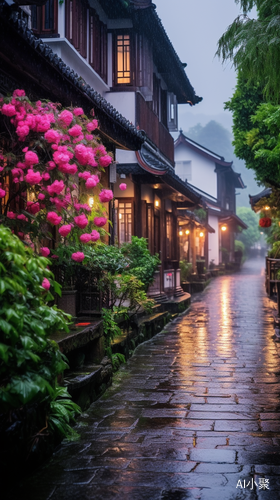 Romantic Tranquility: A Beautiful Rainy Street with Flowers