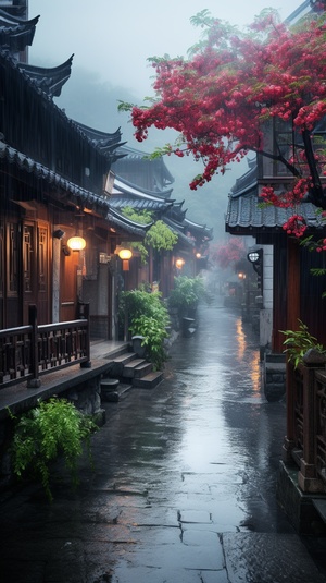 a beautiful street in the rain with flowers in the background, in the style of 32k uhd, traditional chinese landscape, i can't believe how beautiful this is, cottagecore, romantic riverscapes, mist, reverent and tranquil