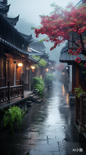 Romantic Tranquility: A Beautiful Rainy Street with Flowers