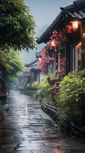 Romantic Tranquility: A Beautiful Rainy Street with Flowers