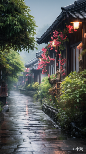 Romantic Tranquility: A Beautiful Rainy Street with Flowers