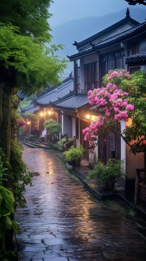 Romantic Tranquility: A Beautiful Rainy Street with Flowers