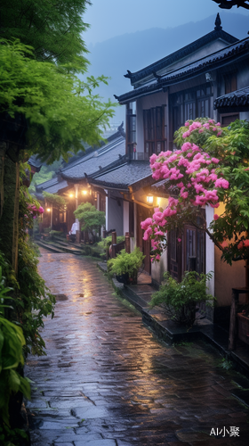 Romantic Tranquility: A Beautiful Rainy Street with Flowers