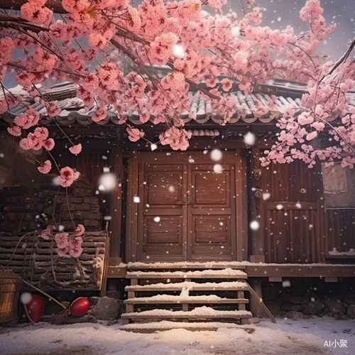 梅花树与春节氛围的唯美雪景