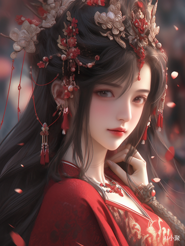 Chinese Ancient Style Beautiful Face with Red Wedding Clothes