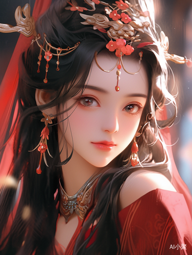 Chinese Ancient Style Beautiful Face with Red Wedding Clothes