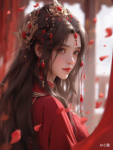 Chinese Ancient Style Beautiful Face with Red Wedding Clothes