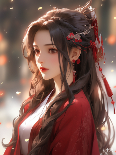 Chinese Ancient Style Beautiful Face with Red Wedding Clothes