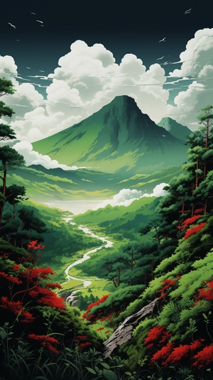 one can see green scenery on top of mountains, in the style of animated illustrations, sinuous lines, vibrant illustrations, 32k uhd, folk-inspired illustrations, red and green, i can't believe how beautiful this is