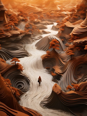 a paper landscape with a ancientChinese man in the middle, water flows, in the style ofadam martinakis, northern china's terrain, translucentresin waves, intricate weaving, national geographicphoto, rudolf ernst, photo taken with nikon d750 ， HD 32K