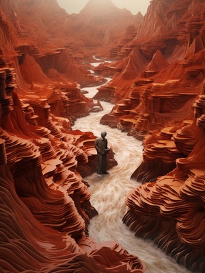 a paper landscape with a ancientChinese man in the middle, water flows, in the style ofadam martinakis, northern china's terrain, translucentresin waves, intricate weaving, national geographicphoto, rudolf ernst, photo taken with nikon d750 ， HD 32K