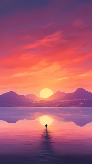 A breathtaking sunset paints the sky with vibrant hues of orange, pink, and purple. The horizon is a golden gradient as the sun sets behind distant mountains.Silhouetted against this ethereal backdrop stands a lone figure - a photographer capturing the beauty of nature's canvas.