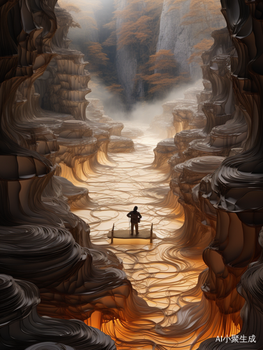 Ancient Chinese Man Amid Paper Landscape of Translucent Resin Waves