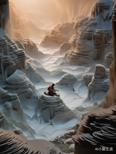 Ancient Chinese Man Amid Paper Landscape of Translucent Resin Waves