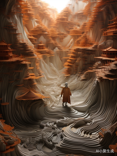 Ancient Chinese Man Amid Paper Landscape of Translucent Resin Waves