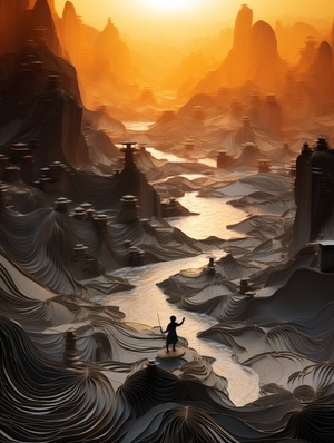 a paper landscape with a ancient，Chinese man in the middle, water flows, in the style of adam martinakis, northern china's terrain, translucent resin waves, intricate weaving, national geographicphoto, rudolf ernst, 内部发光，photo taken with nikon d750 ， HD 32K