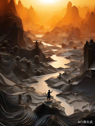 Ancient Chinese Man Amid Paper Landscape of Translucent Resin Waves